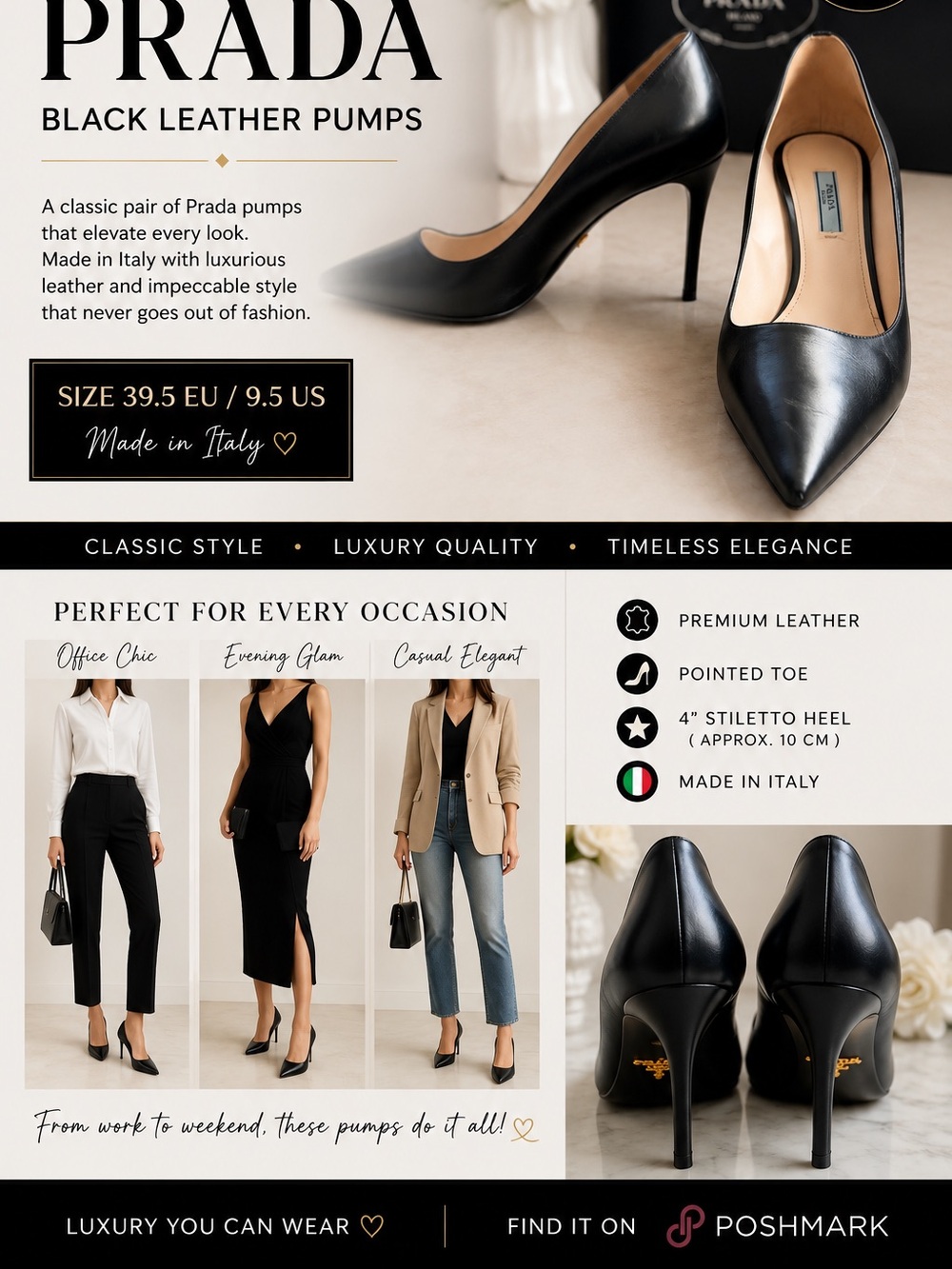 Prada Black Leather Pointed-Toe Pumps – Classic Stiletto Heels